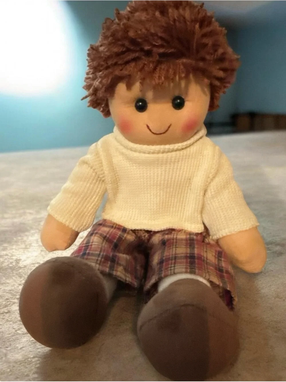 Classic Soft Plush Kid's Doll in Cream Sweater and Brown Hair